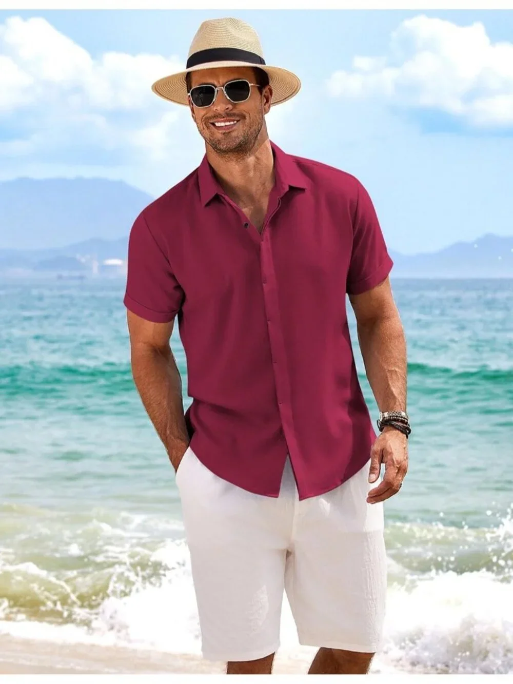 Men's Wine Red Classic Beach Linen Sleeve Casual Imported Button Dow Shirt